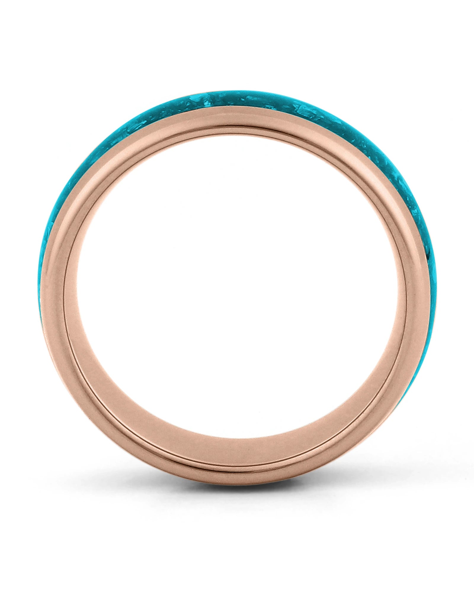 Side view of rose gold 8mm tungsten wedding ring with turquoise inlay