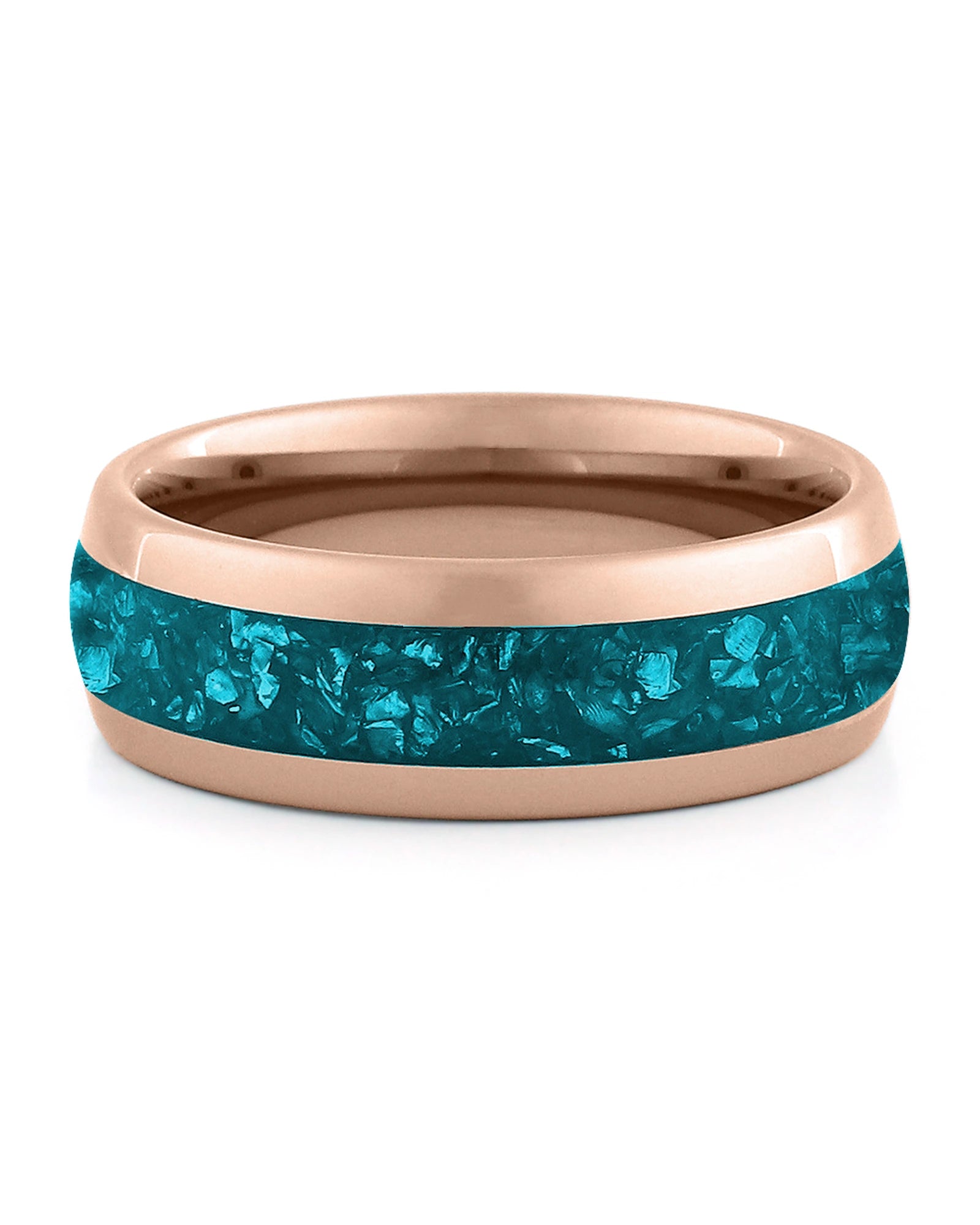 Front view of rose gold 8mm turquoise tungsten wedding band