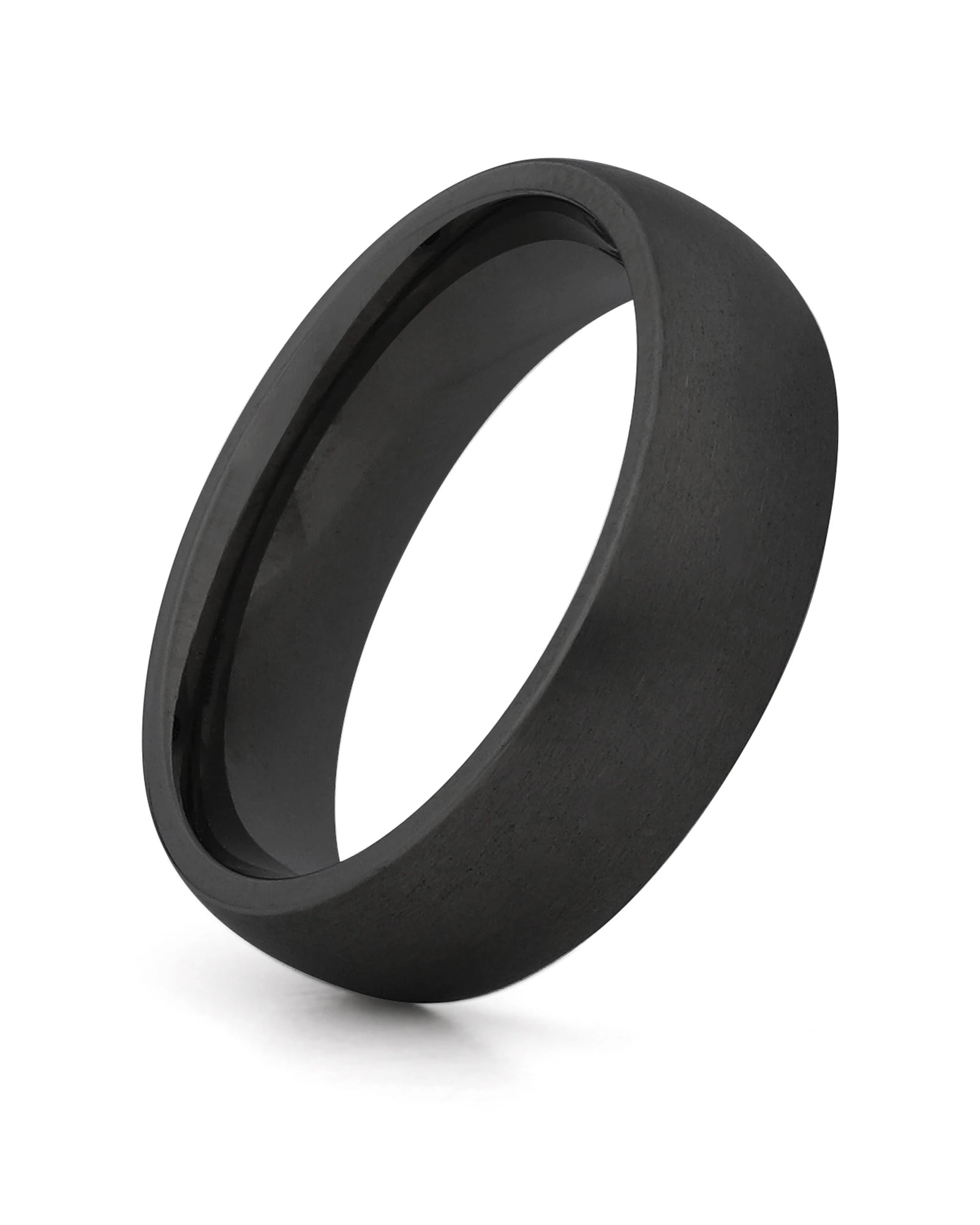 A matte black metal band ring, likely a wedding band, shown at an angle on a clean white background.