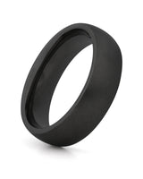 A matte black metal band ring, likely a wedding band, shown at an angle on a clean white background.