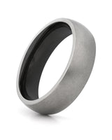 Silver and black 6mm rounded titanium ring shown at an angle