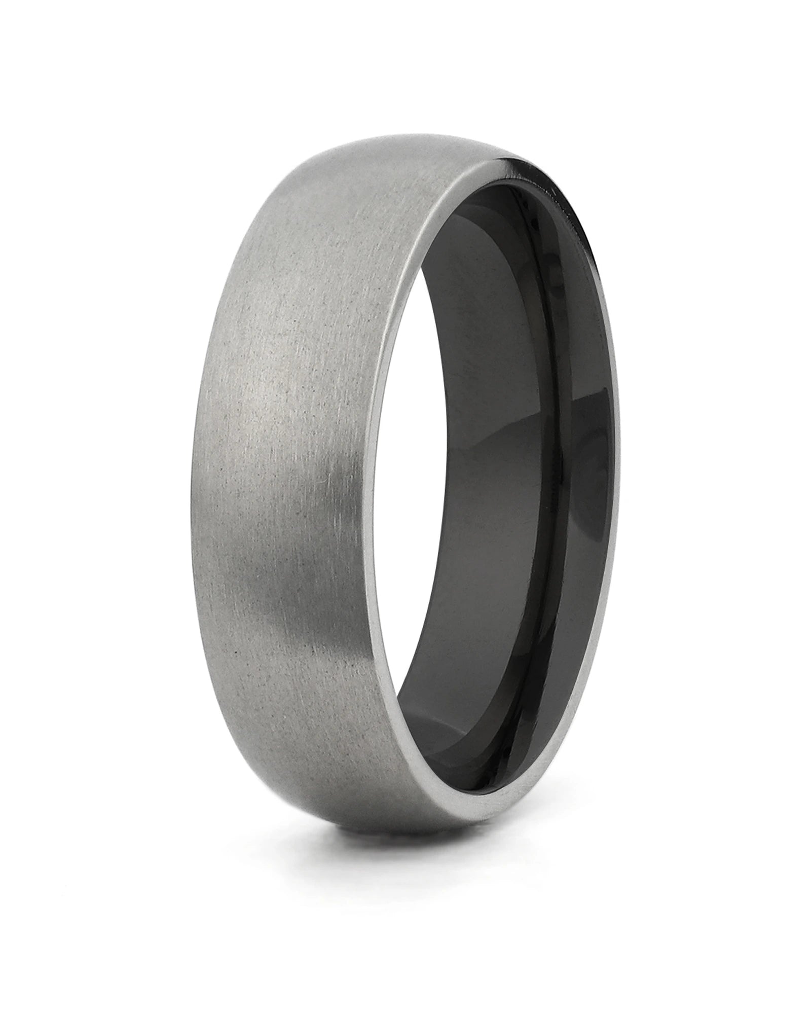 Silver and black rounded titanium wedding ring for men, 6mm band