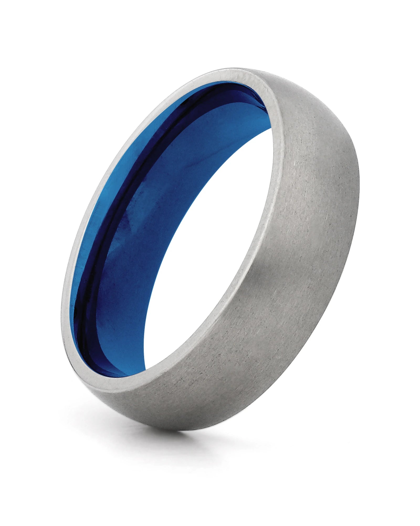 Silver 6mm rounded titanium wedding ring shown at an angle