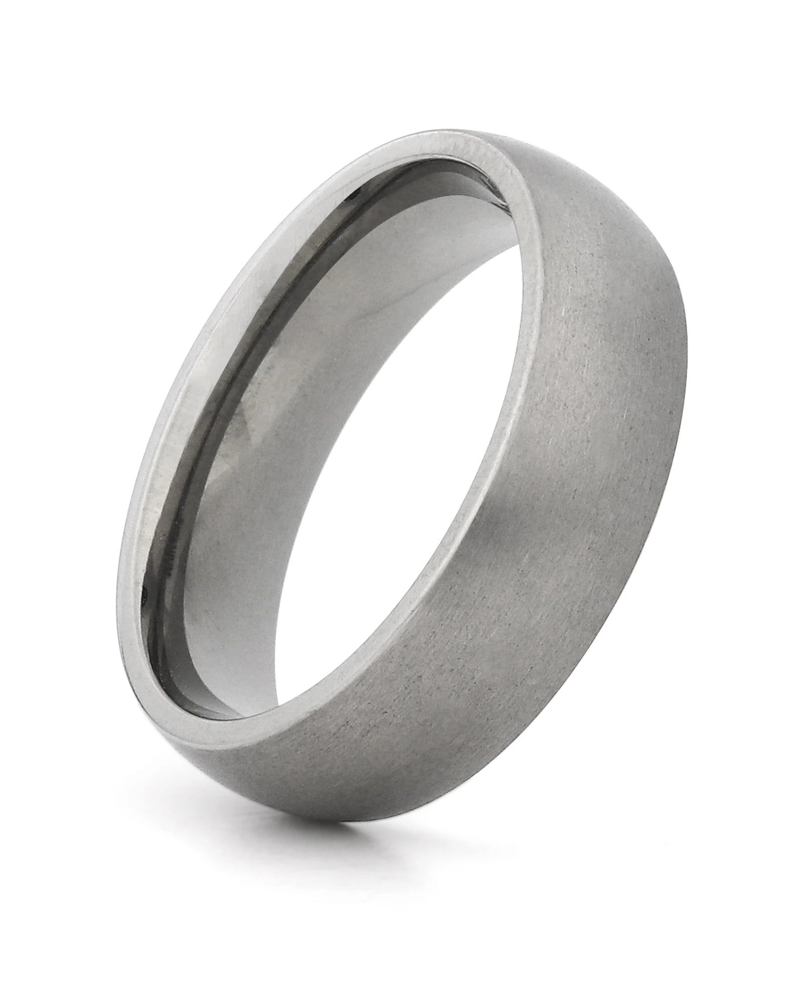 A matte-finish gray metal band ring, likely titanium or tungsten, shown at an angle on a clean white background.
