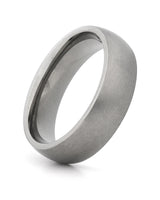A matte-finish gray metal band ring, likely titanium or tungsten, shown at an angle on a clean white background.