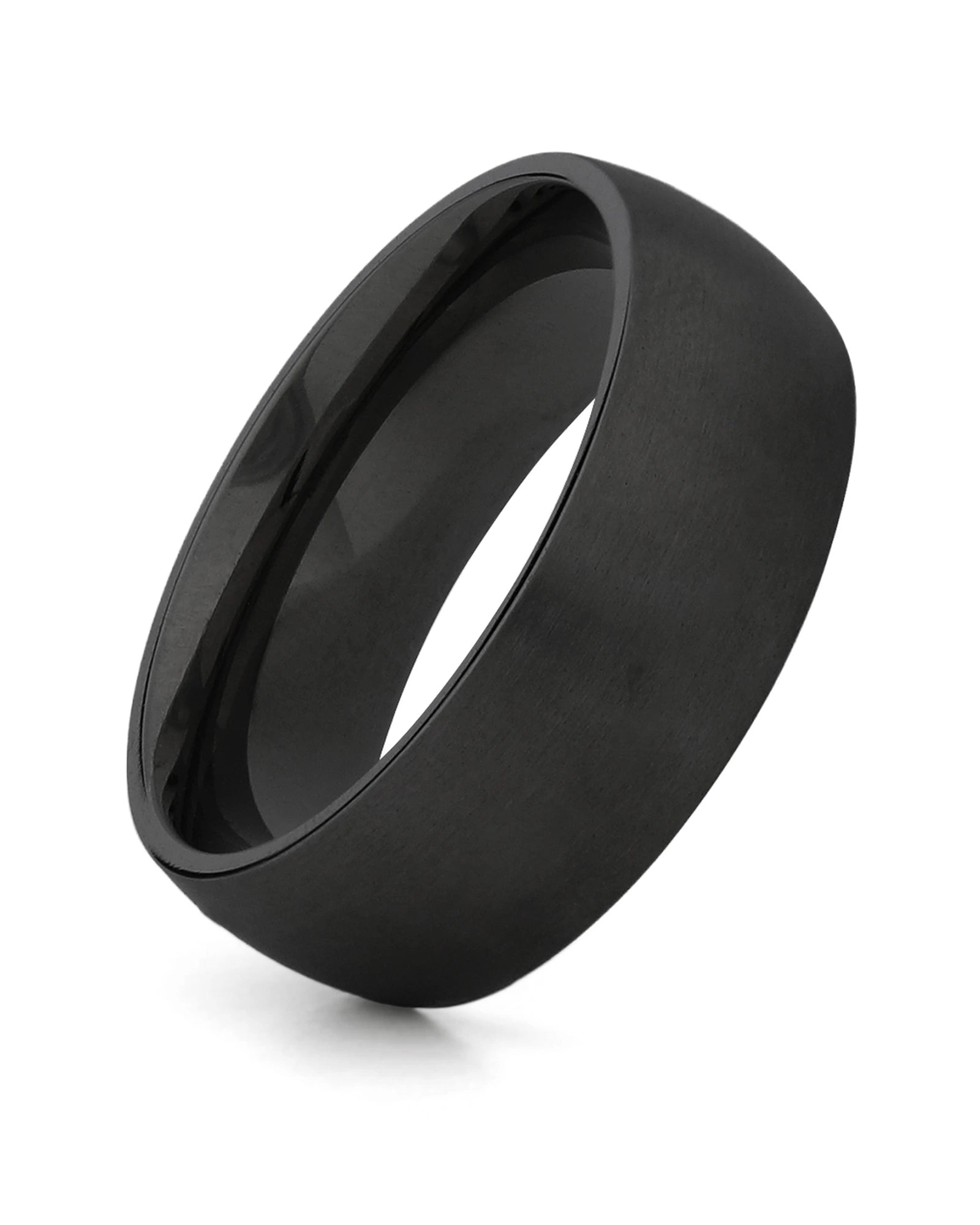 Black 8mm rounded titanium wedding ring shown at an angle
