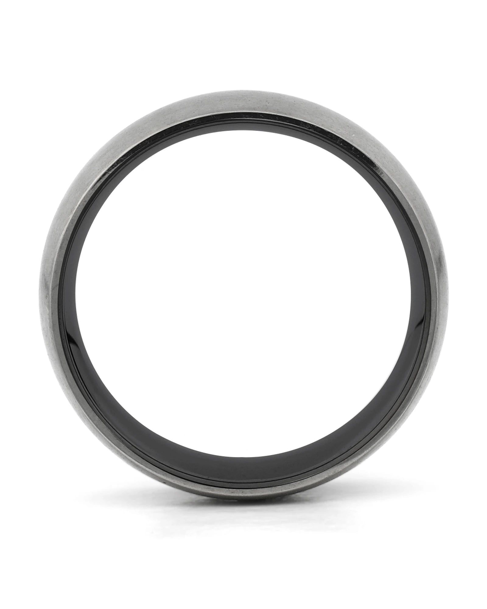 Side view of silver and black 8mm titanium wedding ring