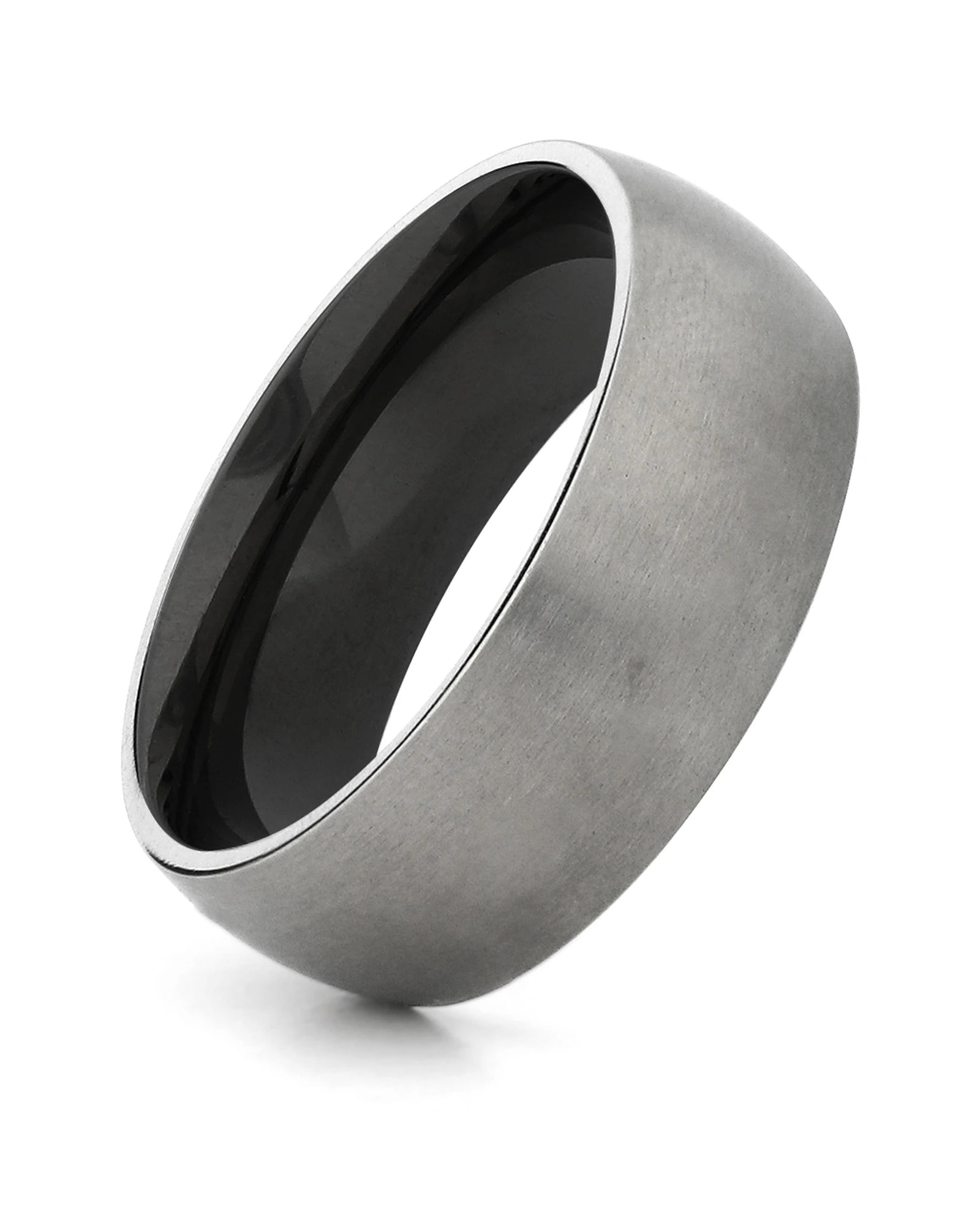 Silver and black 8mm rounded titanium ring shown at an angle