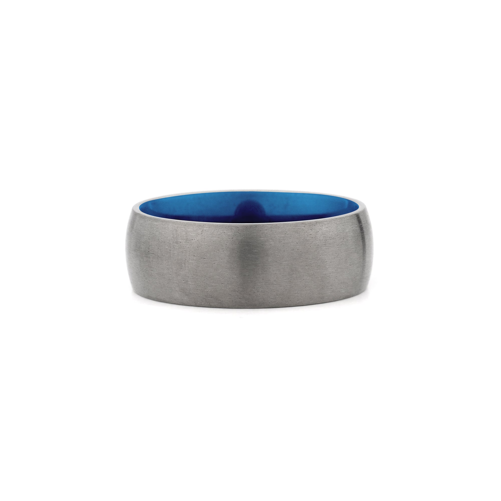 close up of an 8mm wide silver and blue titanium ring
