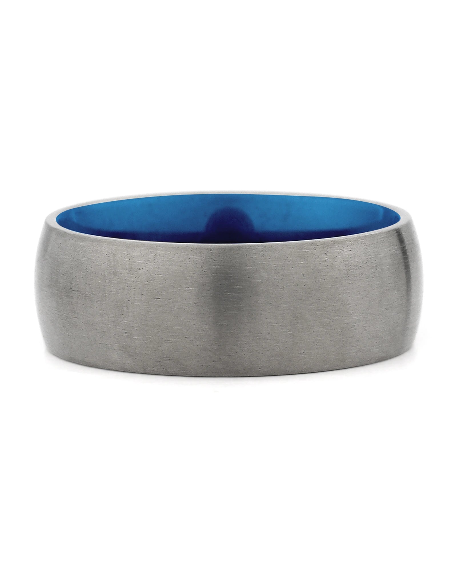 Front view of silver and blue 8mm titanium wedding band