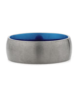 Front view of silver and blue 8mm titanium wedding band