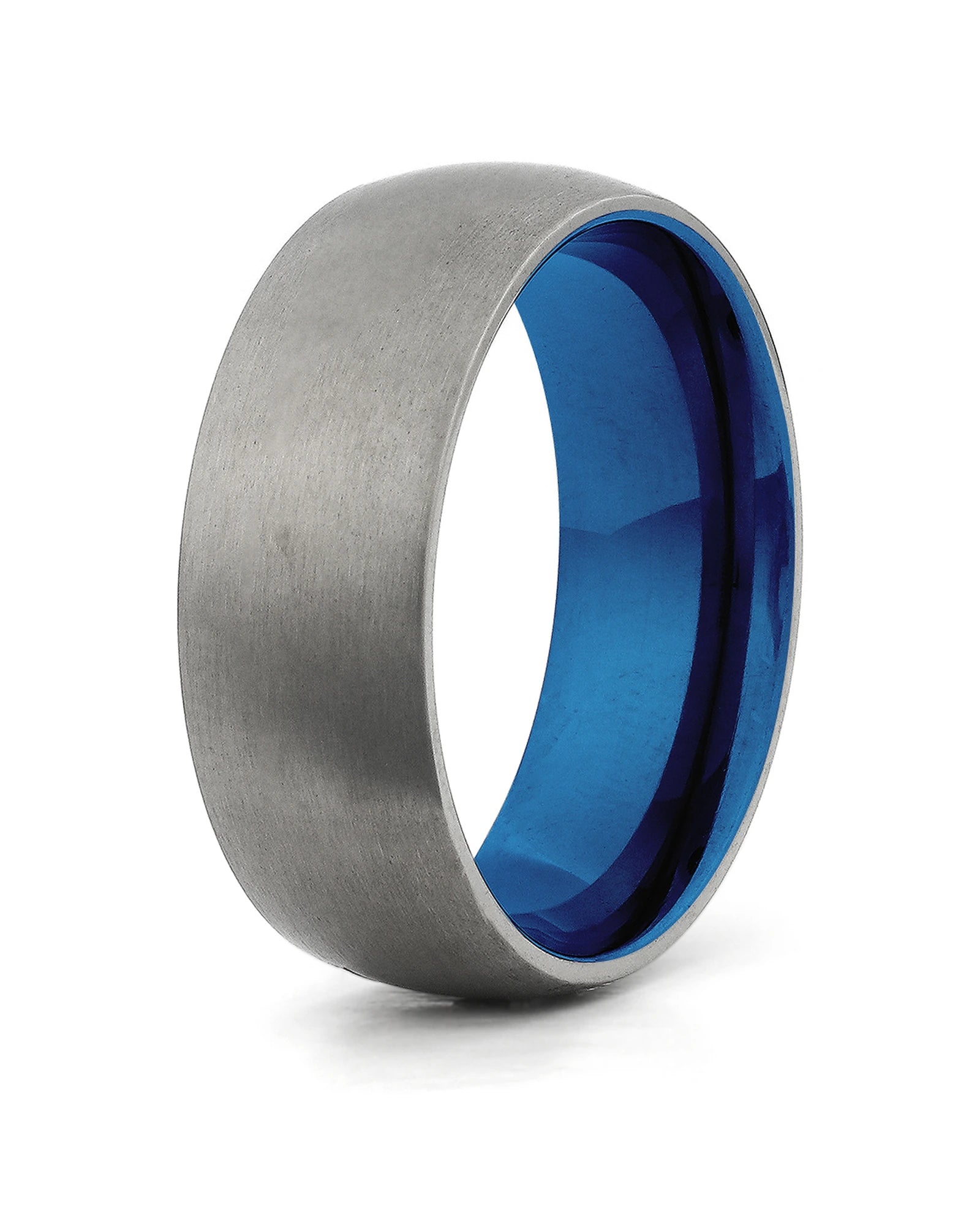 Silver and blue rounded titanium wedding ring for men, 8mm band