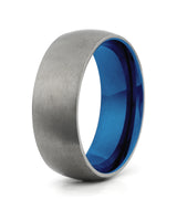 Silver and blue rounded titanium wedding ring for men, 8mm band