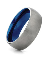 Silver and blue 8mm rounded titanium ring shown at an angle
