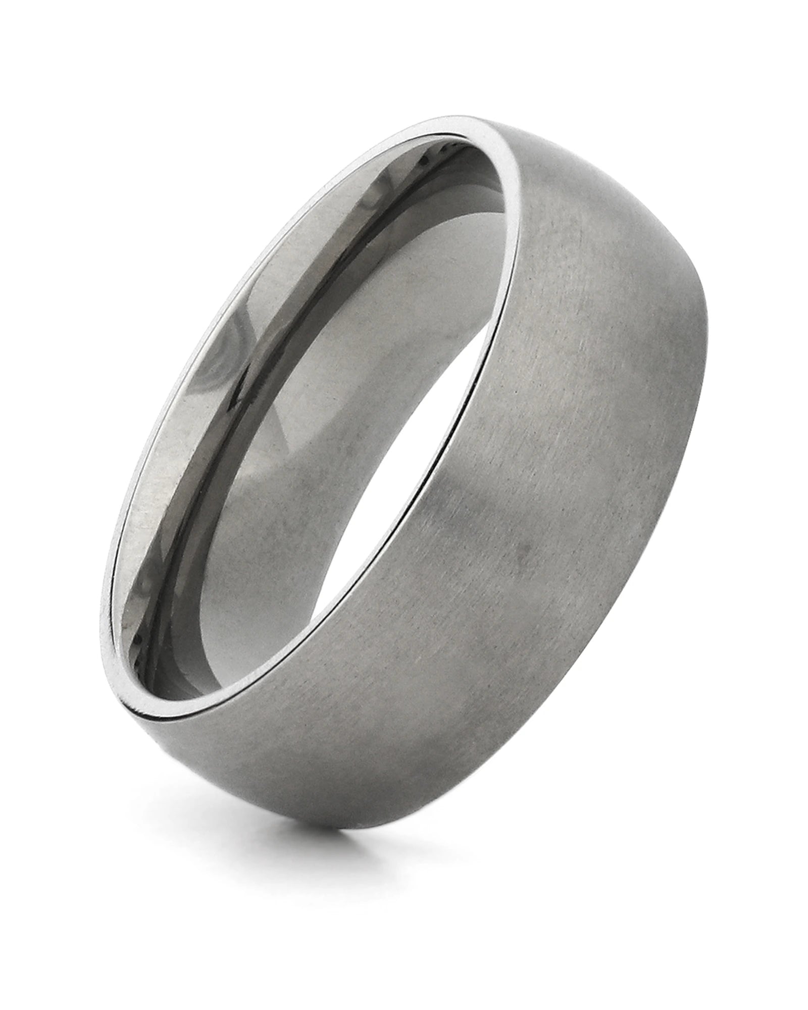 Silver 8mm rounded titanium wedding ring shown at an angle