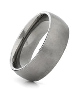 Silver 8mm rounded titanium wedding ring shown at an angle