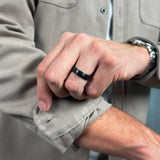 a man adjusting his sleeve wearing a brushed black titanium ring