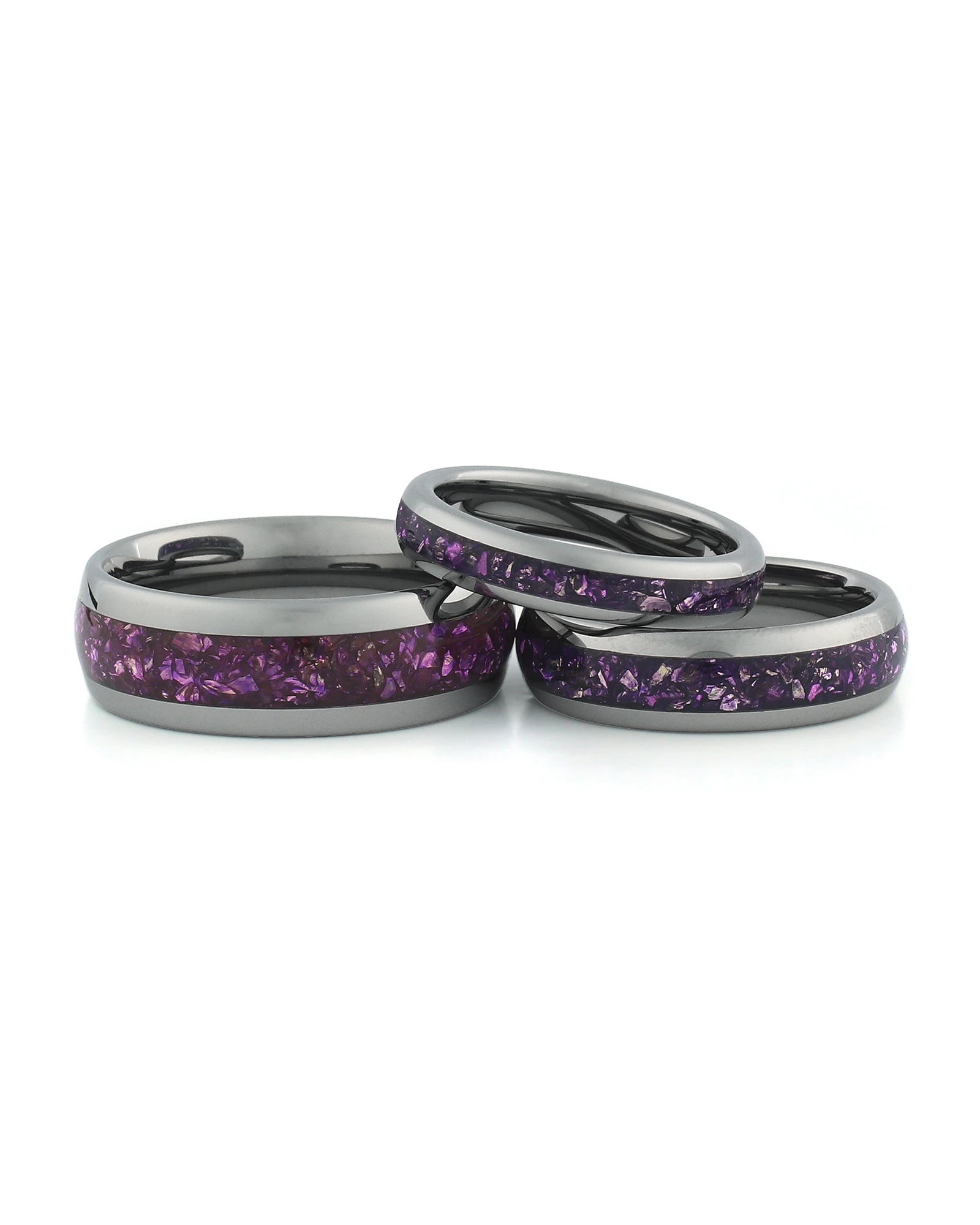 Silver amethyst tungsten couples wedding ring set shown together