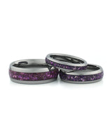 Silver amethyst tungsten couples wedding ring set shown together