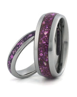 Matching silver tungsten wedding rings with amethyst inlays, including an 8mm band