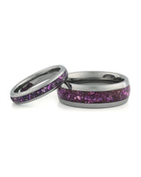 Matching silver wedding bands with purple amethyst stone inlays