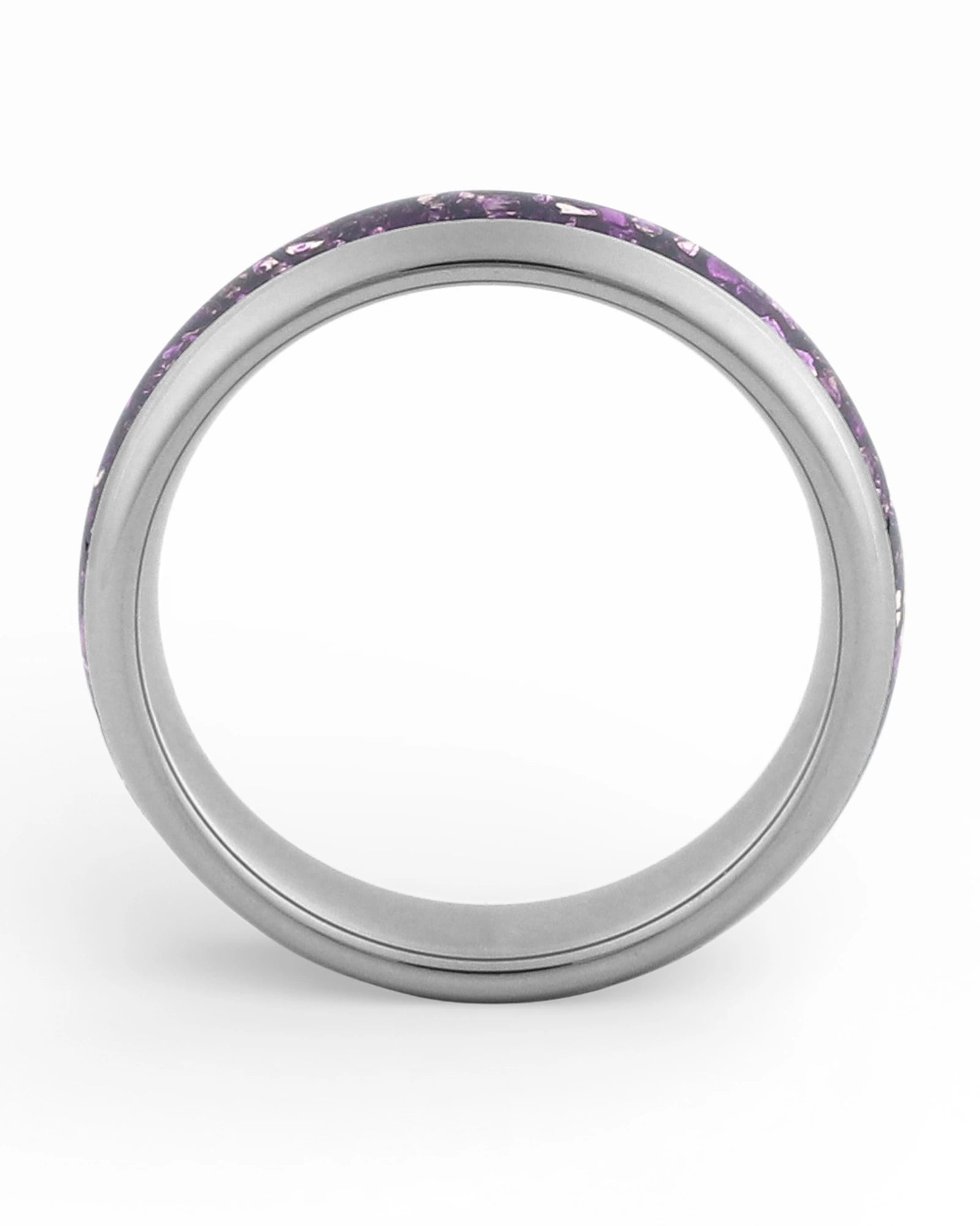 Side view of silver 6mm tungsten wedding ring with amethyst inlay