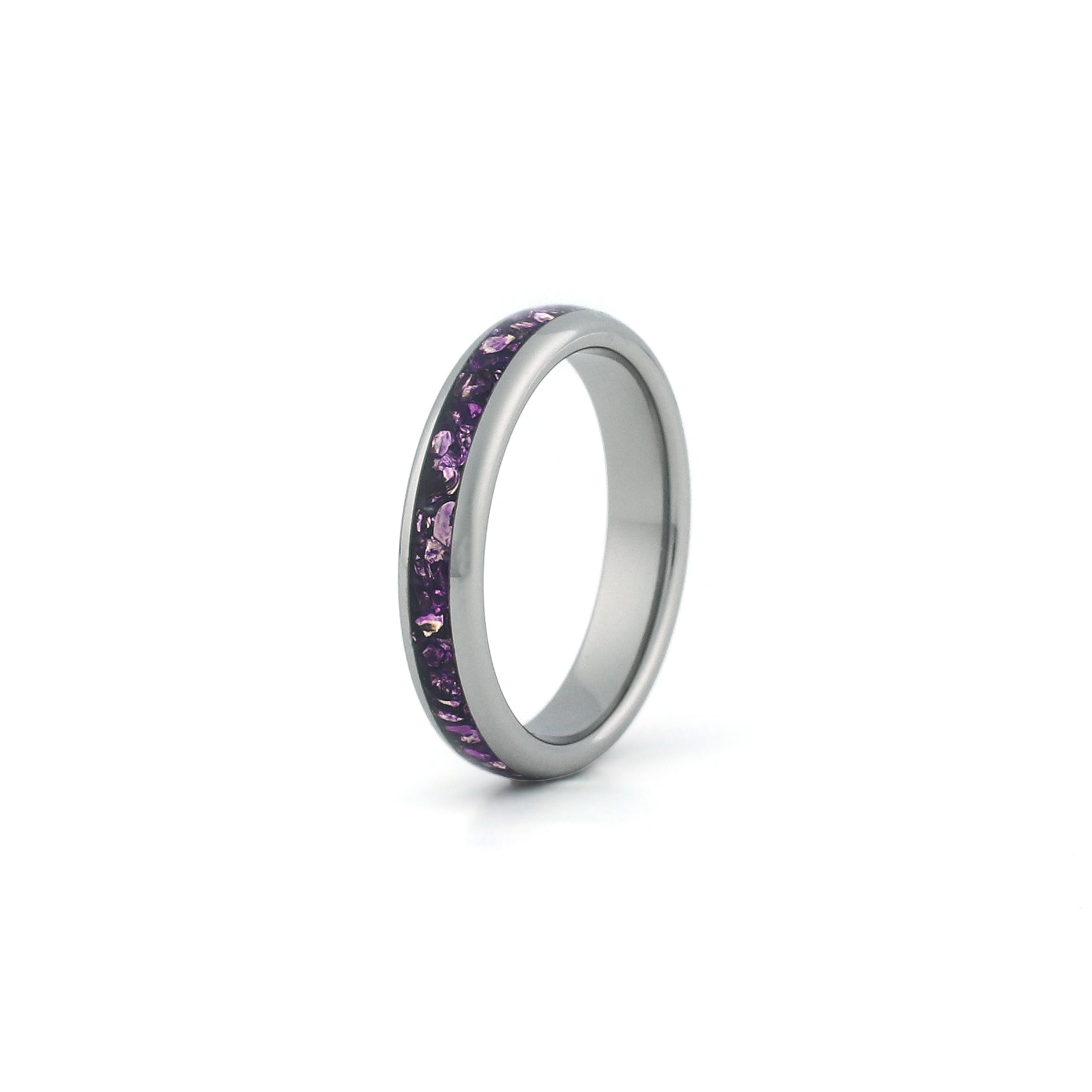 4mm silver amethyst wedding band with purple gemstone inlay