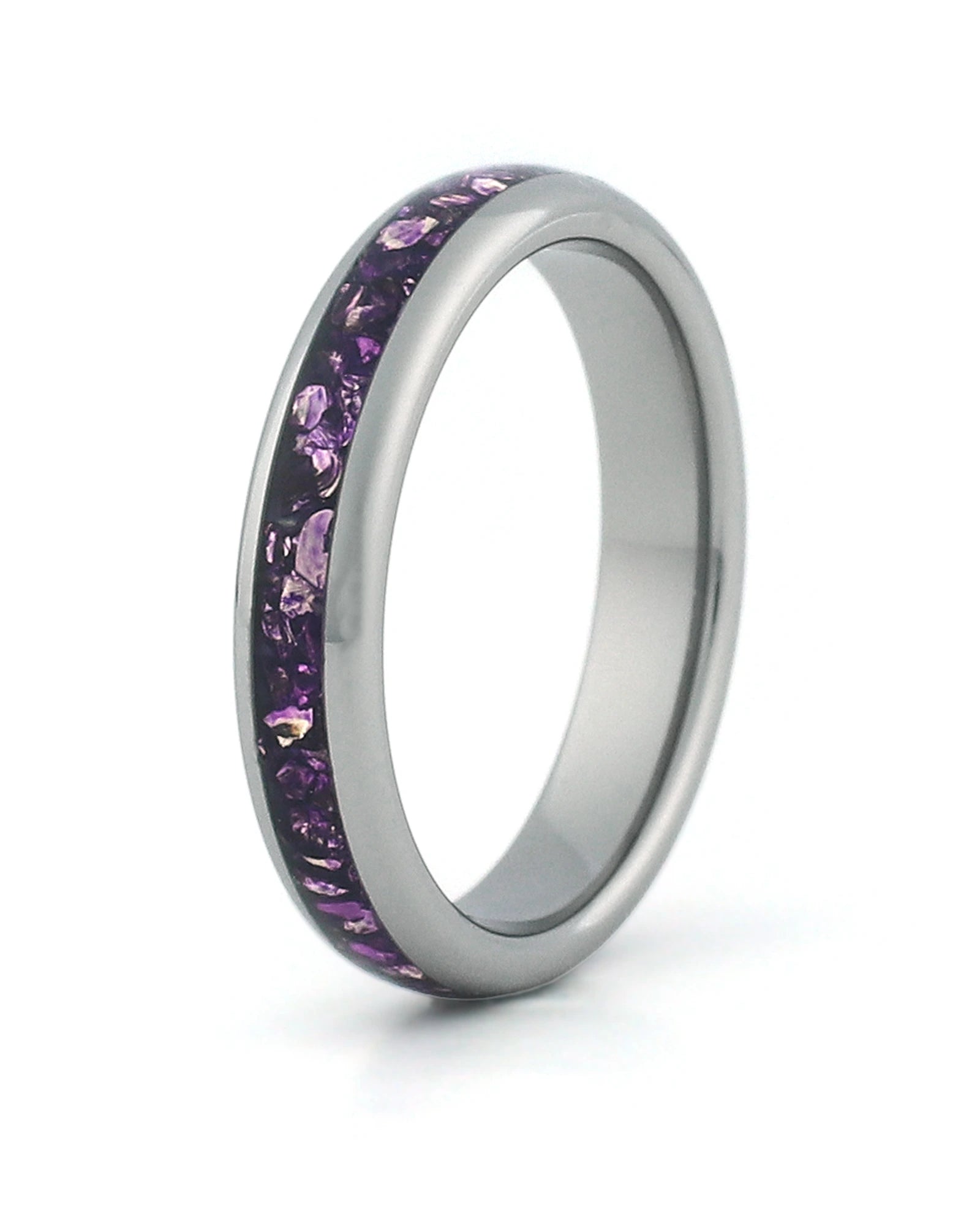 Silver tungsten wedding ring with purple amethyst stone inlay, 4mm band