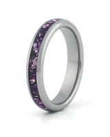 Silver tungsten wedding ring with purple amethyst stone inlay, 4mm band