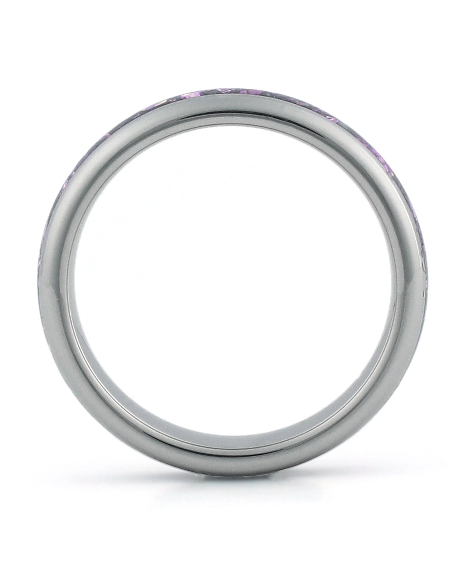 Side view of silver 4mm tungsten wedding ring with amethyst inlay