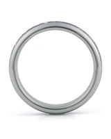 Side view of silver 4mm tungsten wedding ring with amethyst inlay