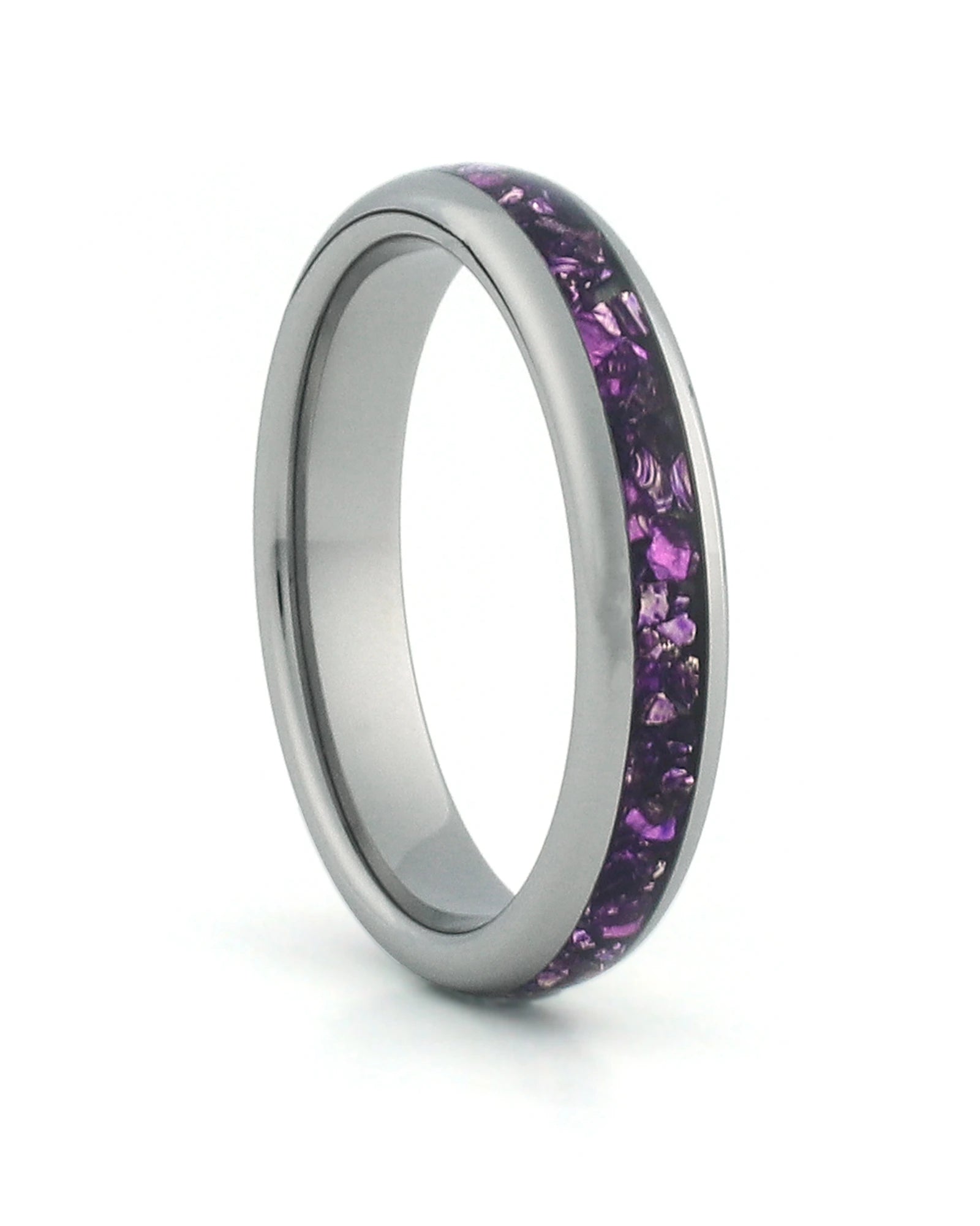 Silver 4mm tungsten ring with purple amethyst inlay shown at an angle