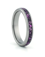 Silver 4mm tungsten ring with purple amethyst inlay shown at an angle
