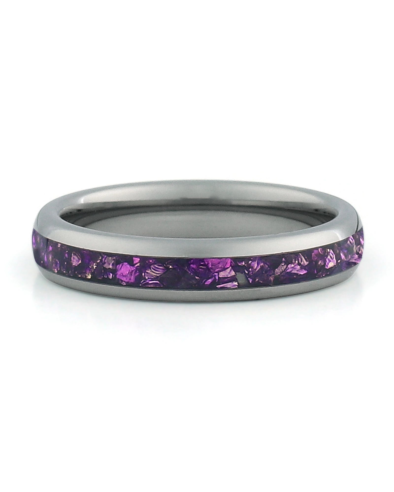 Front view of silver 4mm amethyst tungsten wedding band