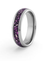 Men's silver tungsten wedding ring with amethyst stone inlay, 6mm band