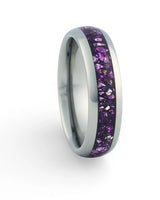 Silver 6mm tungsten ring with purple amethyst inlay shown at an angle