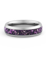Front view of silver 6mm amethyst tungsten wedding band