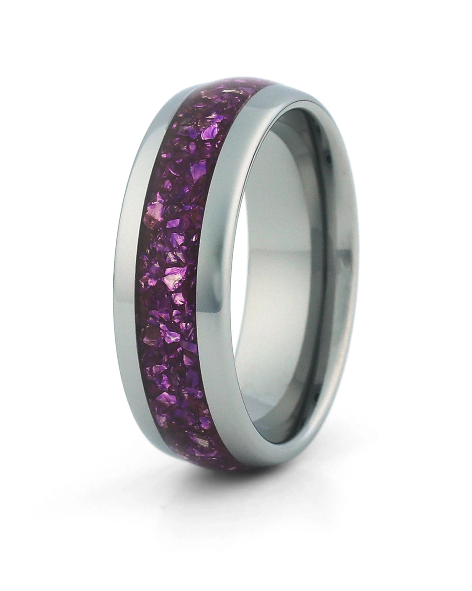 Men's silver tungsten wedding ring with amethyst stone inlay, 8mm band