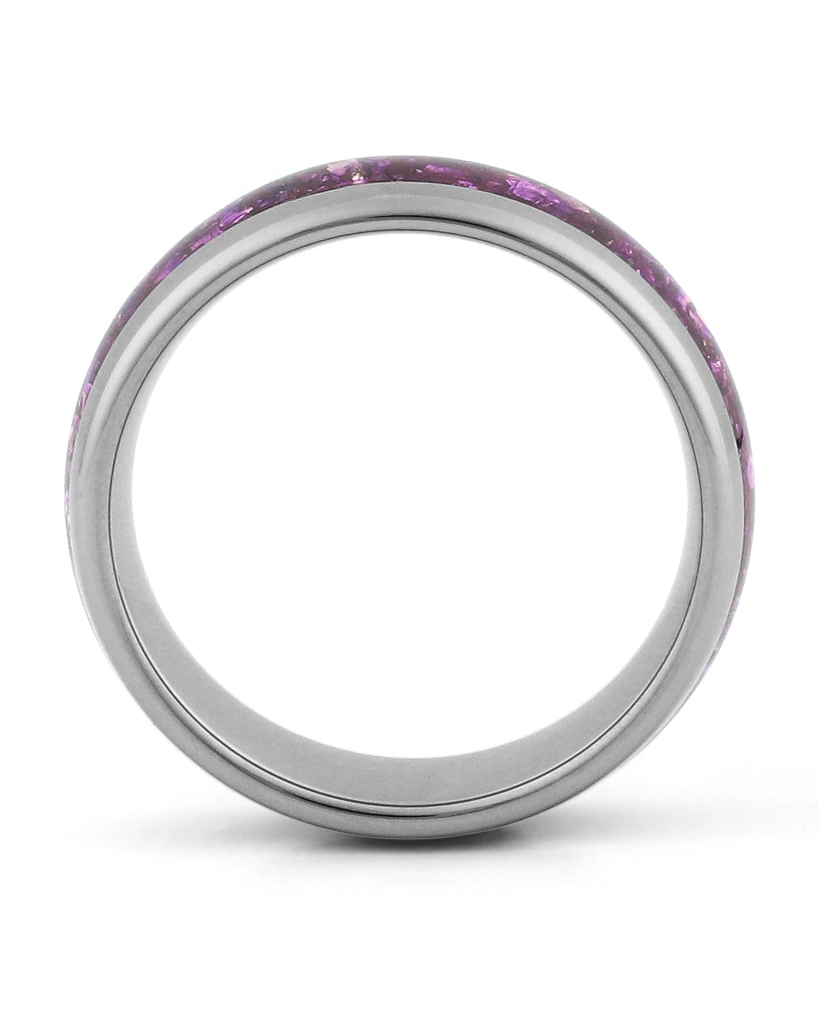 Side view of silver 8mm tungsten wedding ring with amethyst inlay