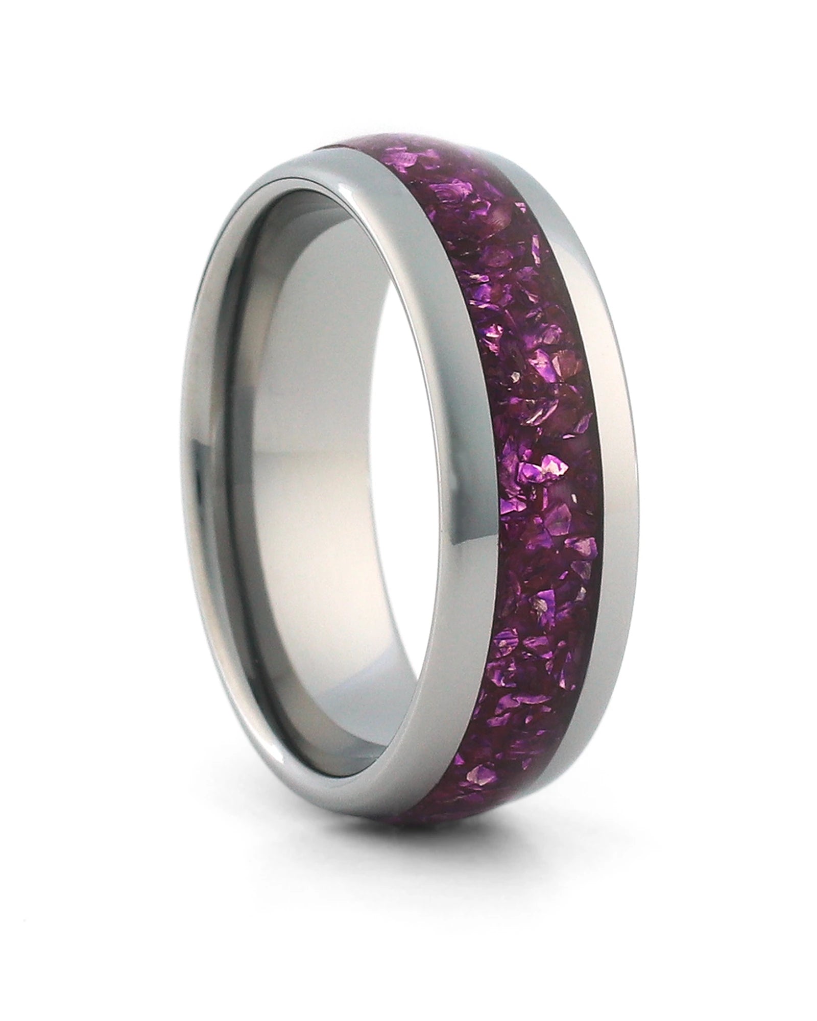 Silver 8mm tungsten ring with purple amethyst inlay shown at an angle