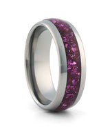 Silver 8mm tungsten ring with purple amethyst inlay shown at an angle