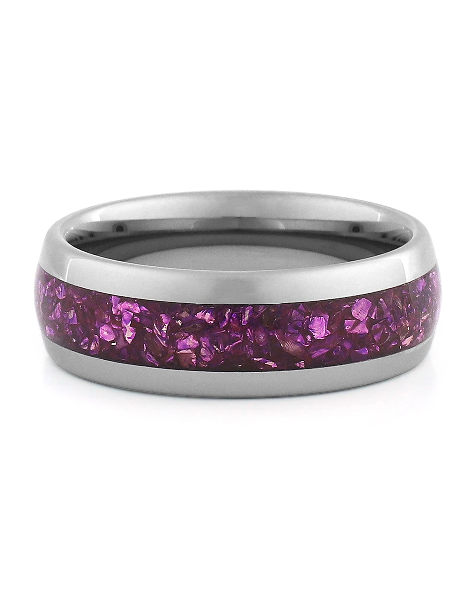 Front view of silver 8mm amethyst tungsten wedding band