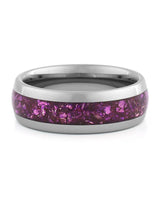 Front view of silver 8mm amethyst tungsten wedding band