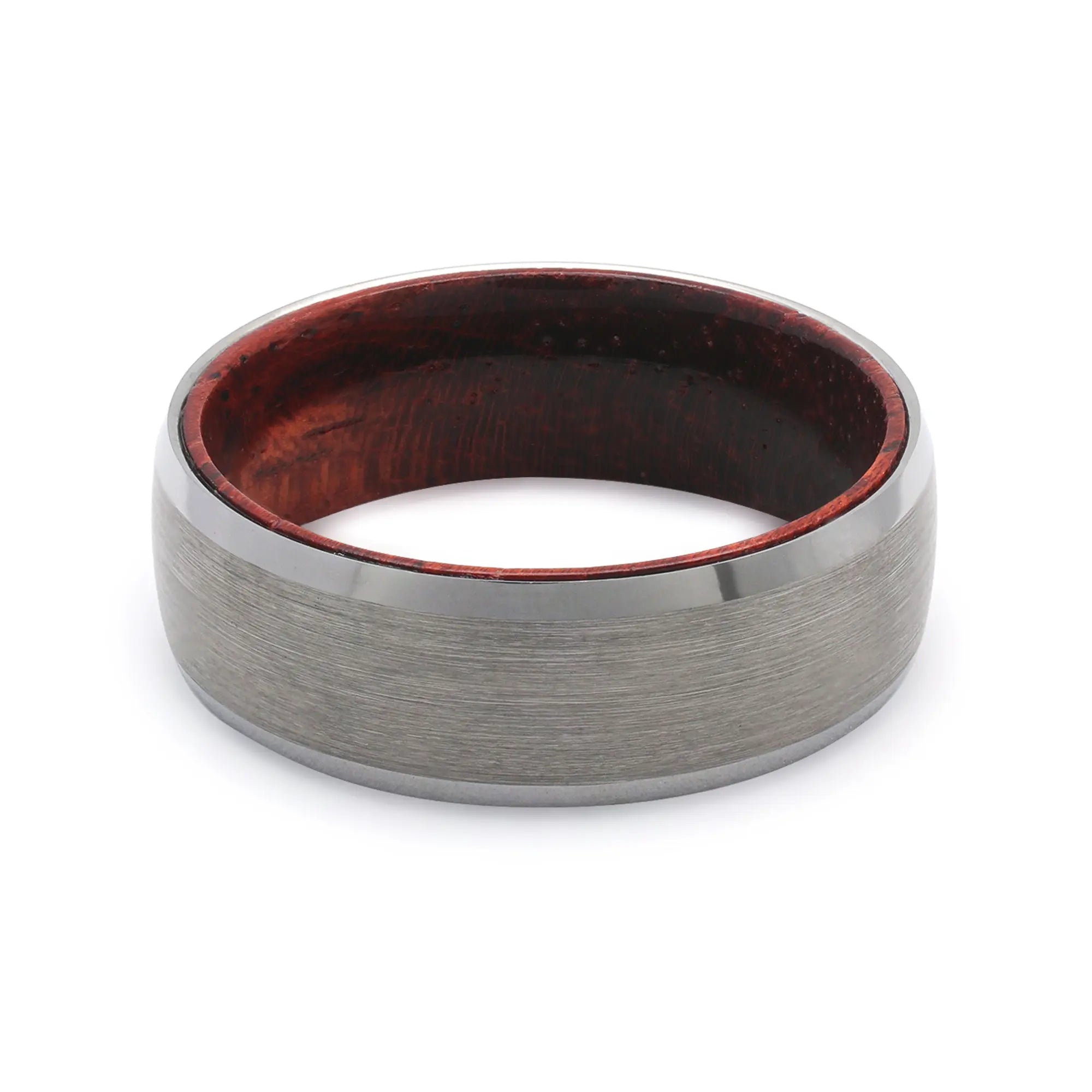 Top view of a silver beveled tungsten wedding ring with a real maple whiskey barrel wood interior.