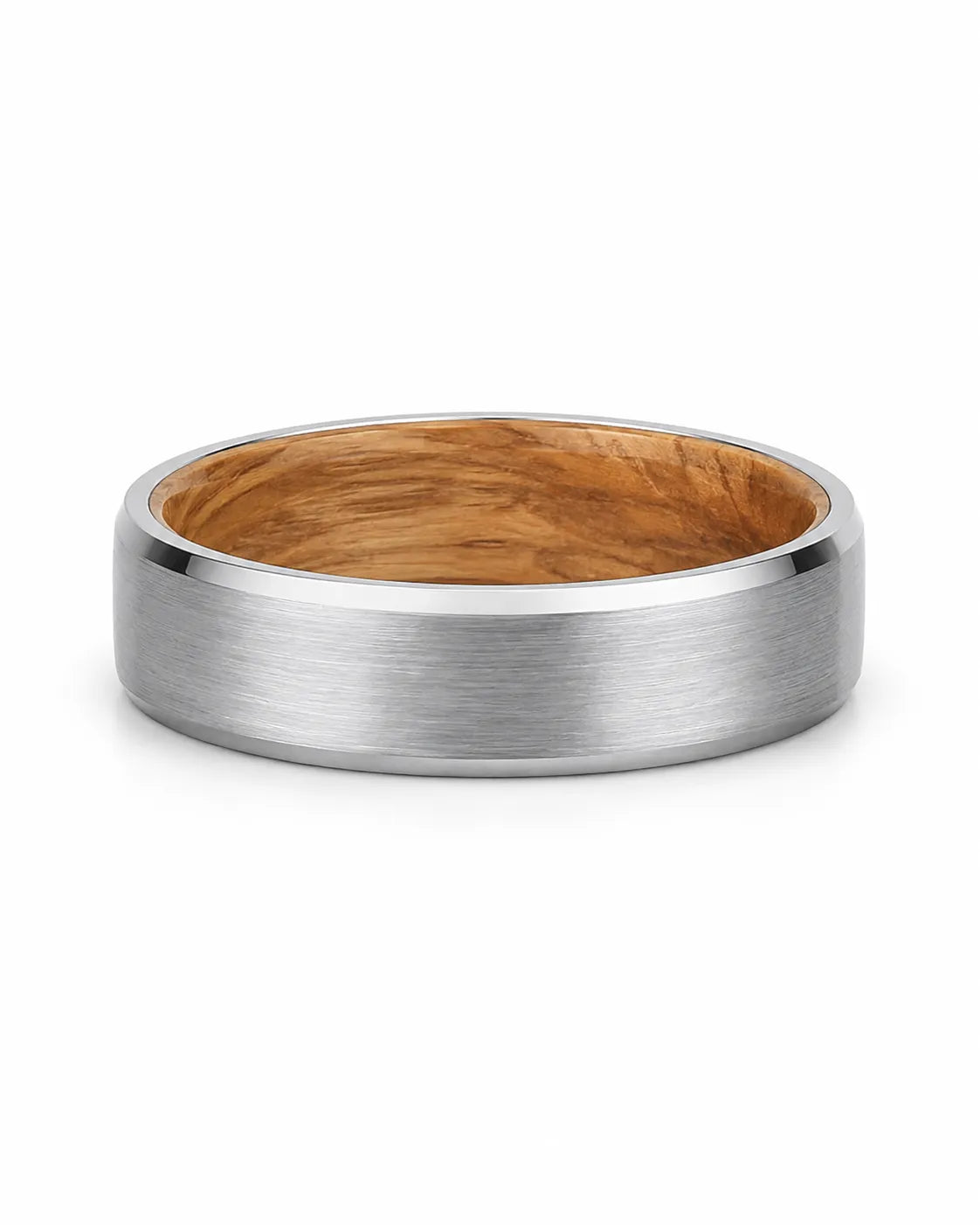 Silver beveled tungsten wedding ring with whiskey barrel wood inner sleeve photographed from a low front angle on a white background.