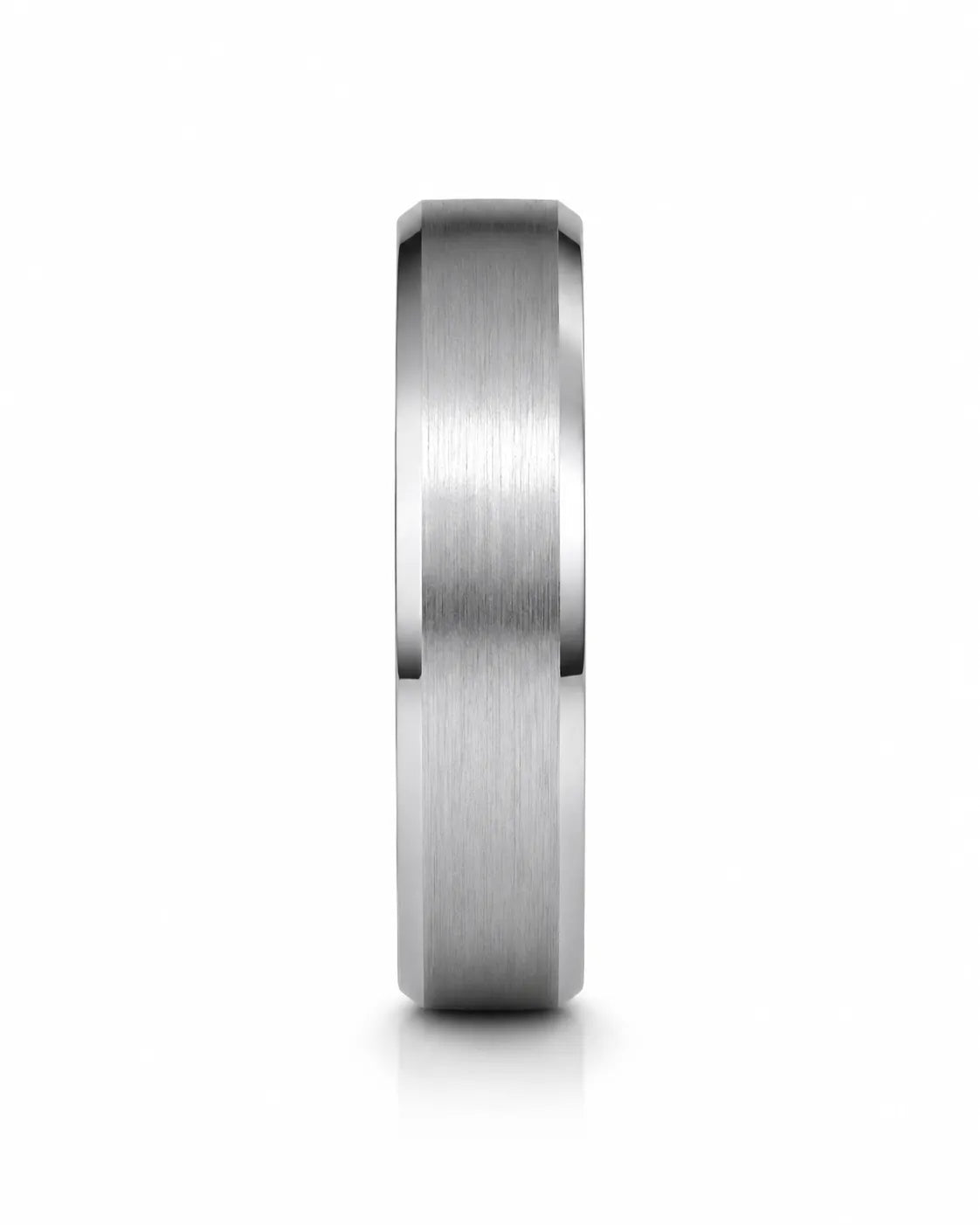 Front view of a silver beveled tungsten wedding ring with a whiskey barrel wood inner sleeve on a white background.