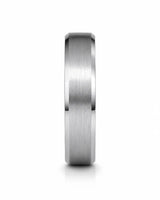 Front view of a silver beveled tungsten wedding ring with a whiskey barrel wood inner sleeve on a white background.