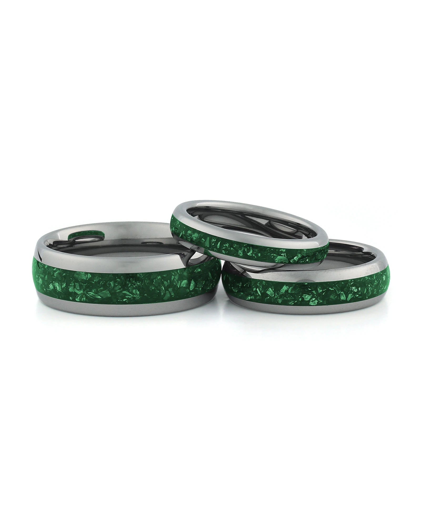 Silver emerald tungsten couples wedding ring set shown together