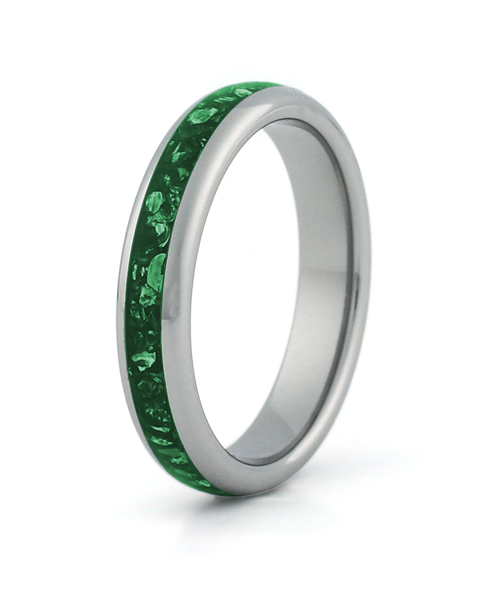 Silver tungsten wedding ring with green emerald stone inlay, 4mm band