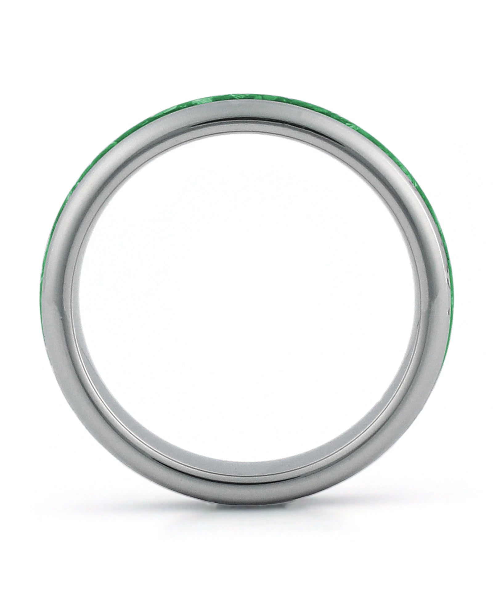 Side view of silver 4mm tungsten wedding ring with emerald inlay